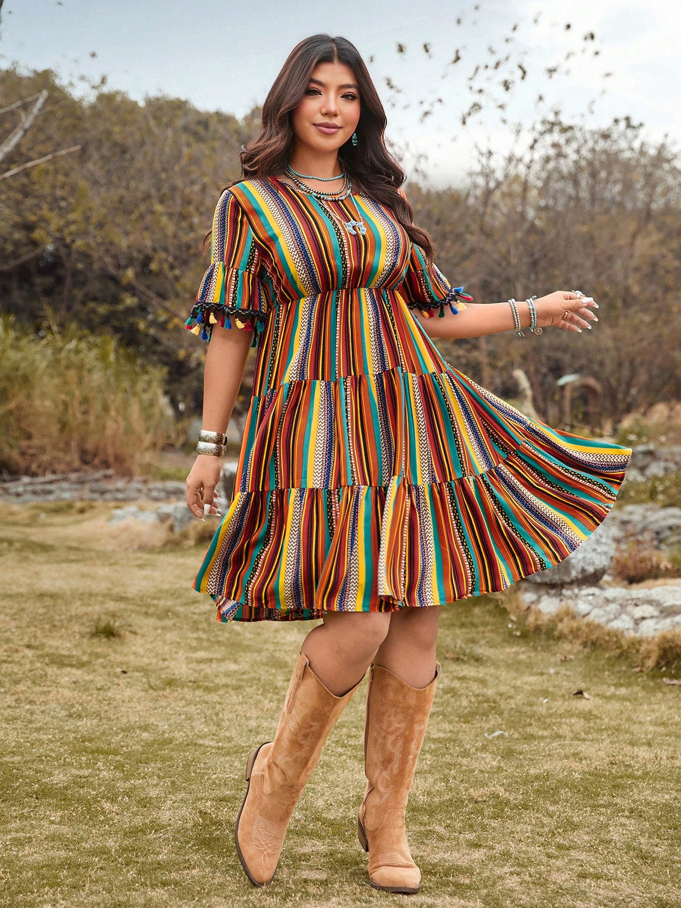 Ethnic Fashion Dress - Women's Plus Size Ethnic Color Stripe