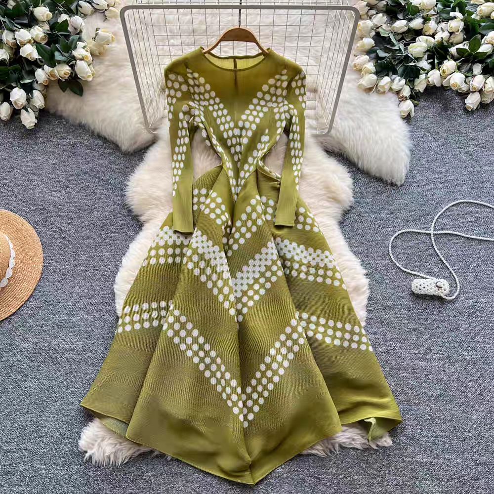 Elegant Polka Dot Pleated Dres - đánh giá và giá Ethnic Fashion Dress